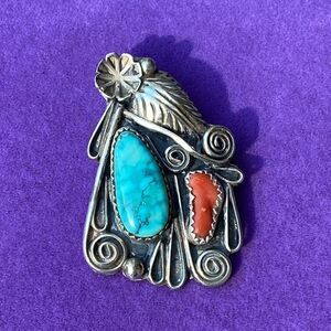 💛 925 Vintage Native American Turquoise & Coral Pandant